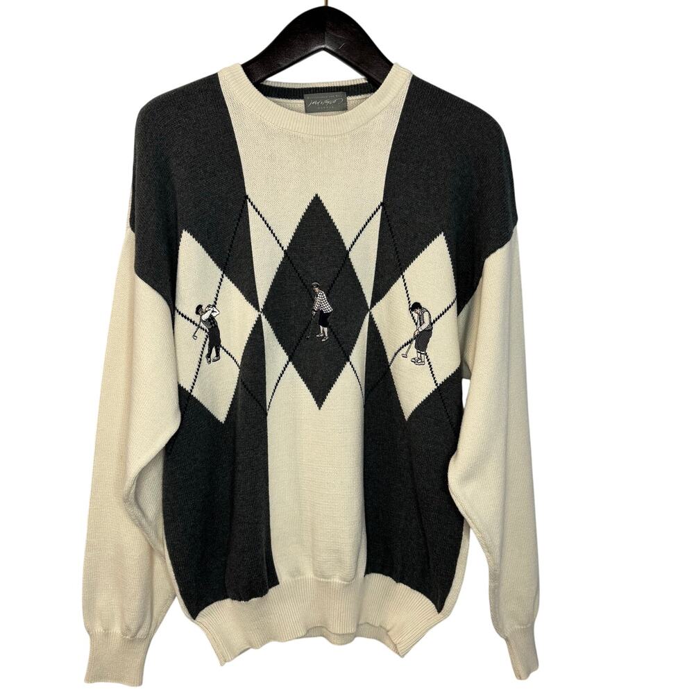 Lord & Taylor Vgt Golf Knit Sweater Ivory & Gray Diamond 100% Cotton Men's L